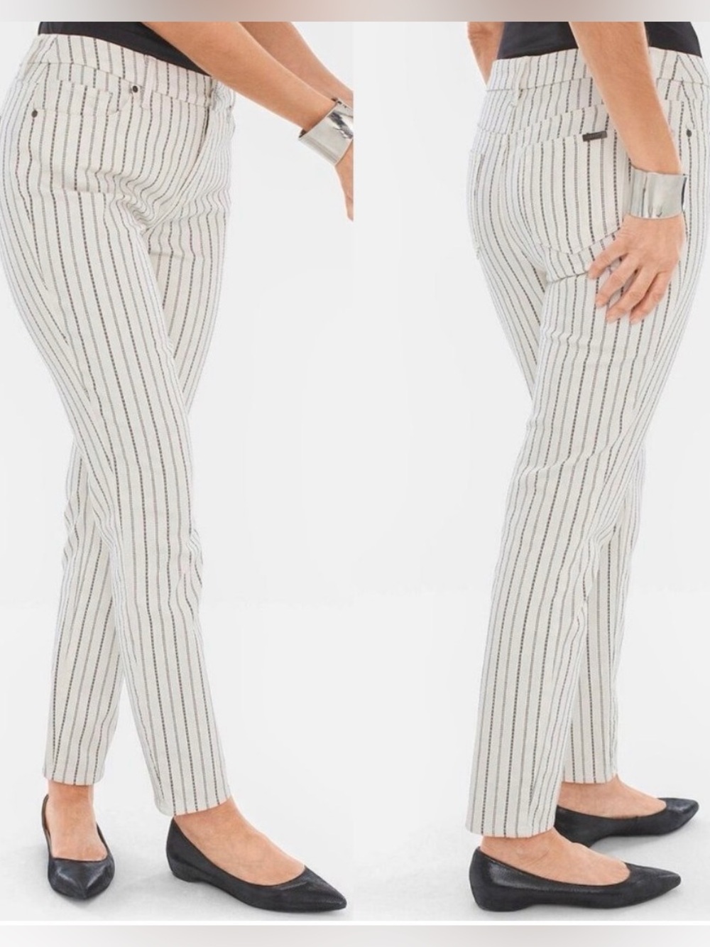 Chicos So Slimming Textured Stripe Ankle Jeans White Black Sz 1.5 US M/10 NWT